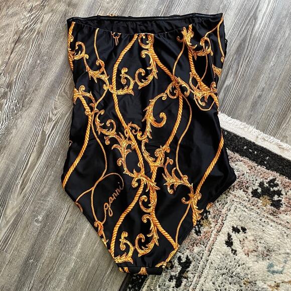 Ganni Black Baroque Print Strapless Ruched One Piece Swimsuit - Picture 5 of 5